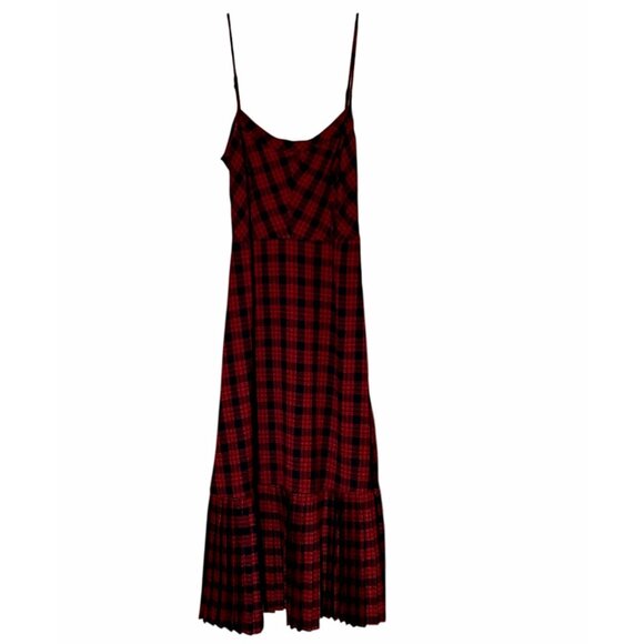 Urban Outfitters Black/Red Plaid Maxi Dress Pleated Bottom Ruffle Sz S - Picture 2 of 10
